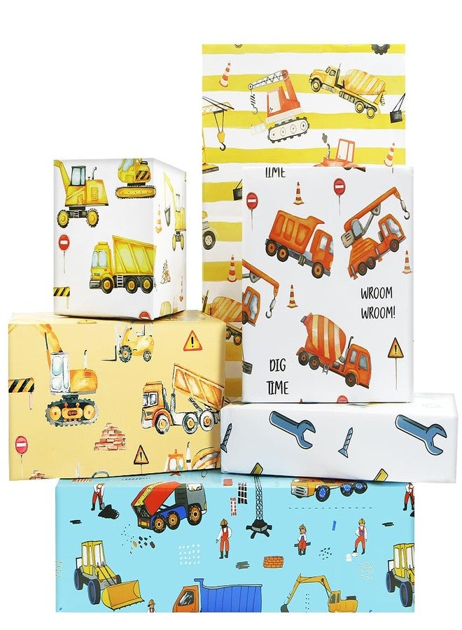Geluode Construction Wrapping Paper, 6 Sheet Excavator Tractor Dump Truck Bulldozer Mixers Dumper Vehicles Pattern Road Under Construction Wrapping Paper for Kids Boys Men Birthday - Folded Flat 28x20 Inches - Image 1